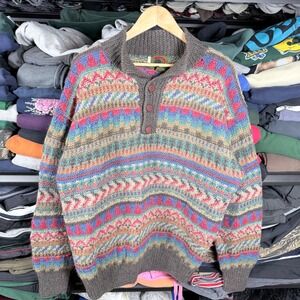Boston Traders Mens Large Wool Fair Isle Henley Sweater Brown Limited Edition